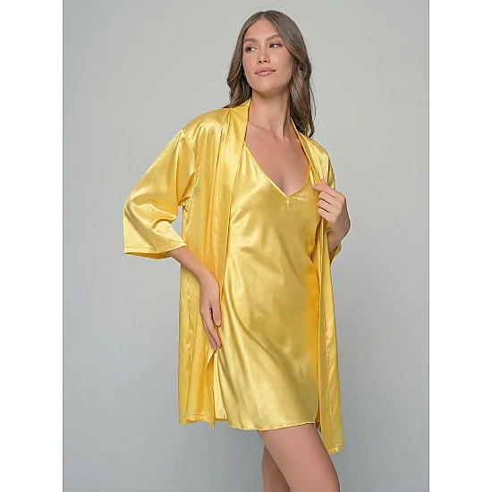 Σετ Σατέν Νυχτικό με Ρόμπα   Κίτρινο Milena By Paris Set3392_5220-Κίτρινο