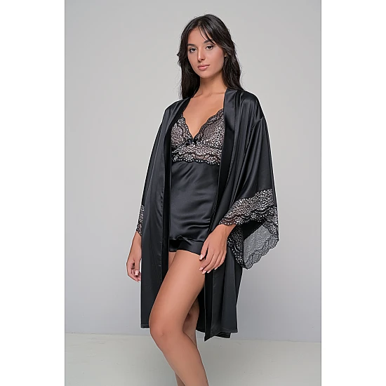 Σατέν Σετ Babydoll και Ρόμπα   Μαύρο Milena By Paris Set4197_5422-Μαύρο