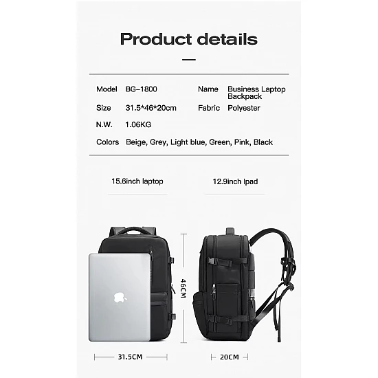 Backpack καμπίνας 29L 15,6” Bange 1800 μαύρο