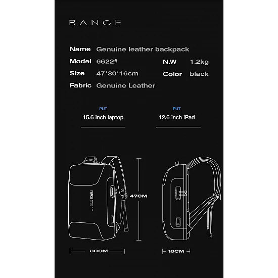 Δερμάτινο Σακίδιο πλάτης 23L Laptop 15,6” Bange 6622 μαύρο