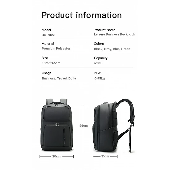 Σακίδιο πλάτης 20L Laptop 15,6” Bange 7822 μαύρο