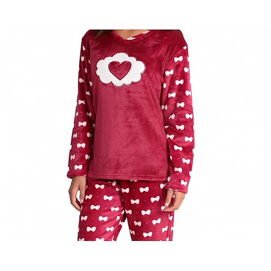 Γυναικεία Πιζάμα Χειμερινή Fleece Print Καρδιά Λαιμόκοψη V Lydia Creations 22562 ΜΠΟΡΝΤΟ