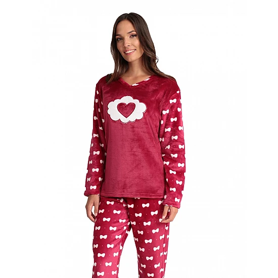 Γυναικεία Πιζάμα Χειμερινή Fleece Print Καρδιά Λαιμόκοψη V Lydia Creations 22562 ΜΠΟΡΝΤΟ