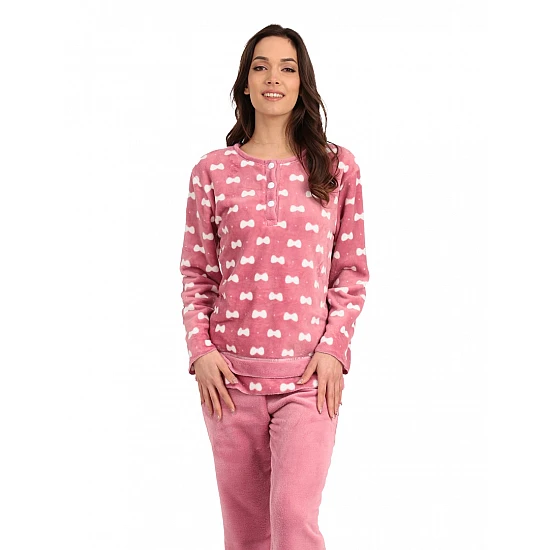 Γυναικεία Πιζάμα Χειμερινή Fleece με Πατιλέτα κουμπάκια Lydia Creations 22559 ΡΟΖ