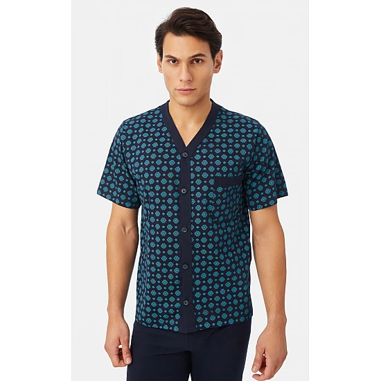 Ανδρική πιζάμα Καλοκαιρινή Βαμβακερή Κουμπιά Κοντομάνικη με μακρύ παντελόνι MINERVA 90-71423-215 ΜΠΛΕ