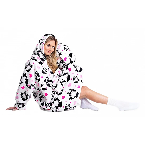 Γυναικεία Ρόμπα Χειμερινή με Κουκούλα Fleece ONE SIZE Panda XL Noxxiez CH354 ΛΕΥΚΟ ΜΑΥΡΟ