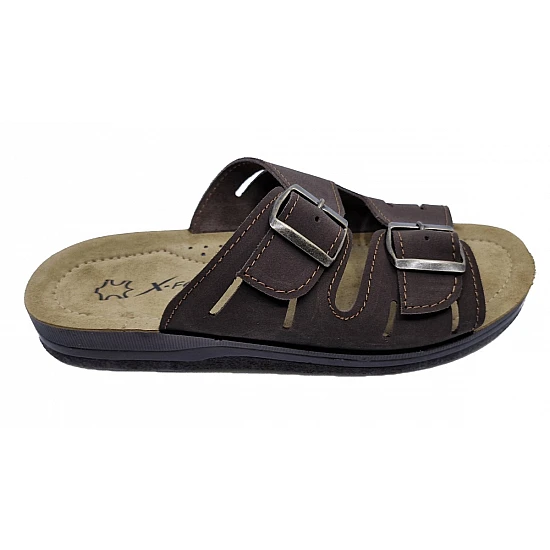 Ανδρική Δερμάτινη Παντόφλα Αναπαυτική Soft BELLA XFEET-AA12 ΚΑΦΕ