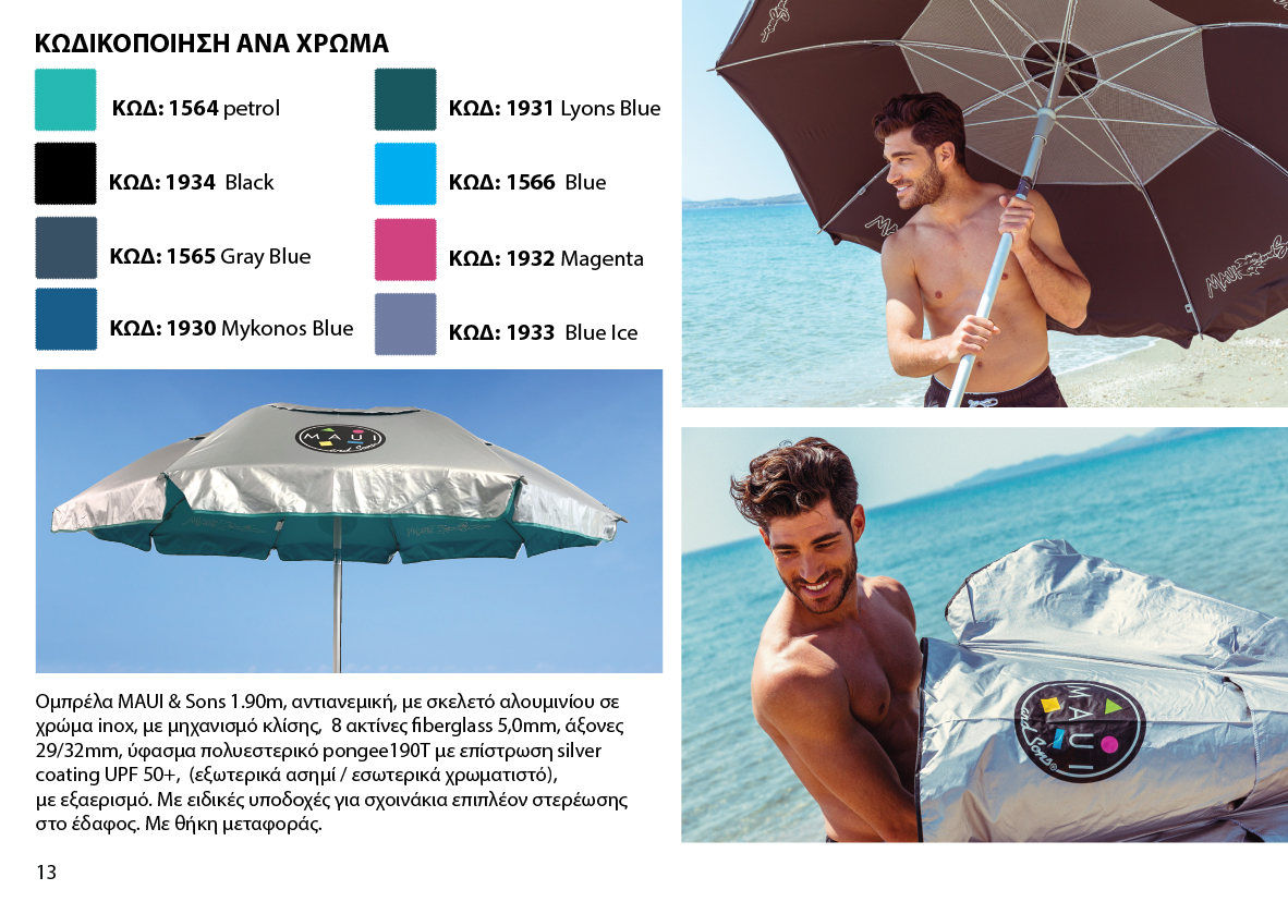 Oμπρέλα Θαλάσσης 190/8 Αλουμινίου Αντιανεμική Μηχανισμό κλήσης  UPF50+ Ακτίνες FIBER GLASS Εξαερισμός MAUI & SONS 1931 Lyons Blue