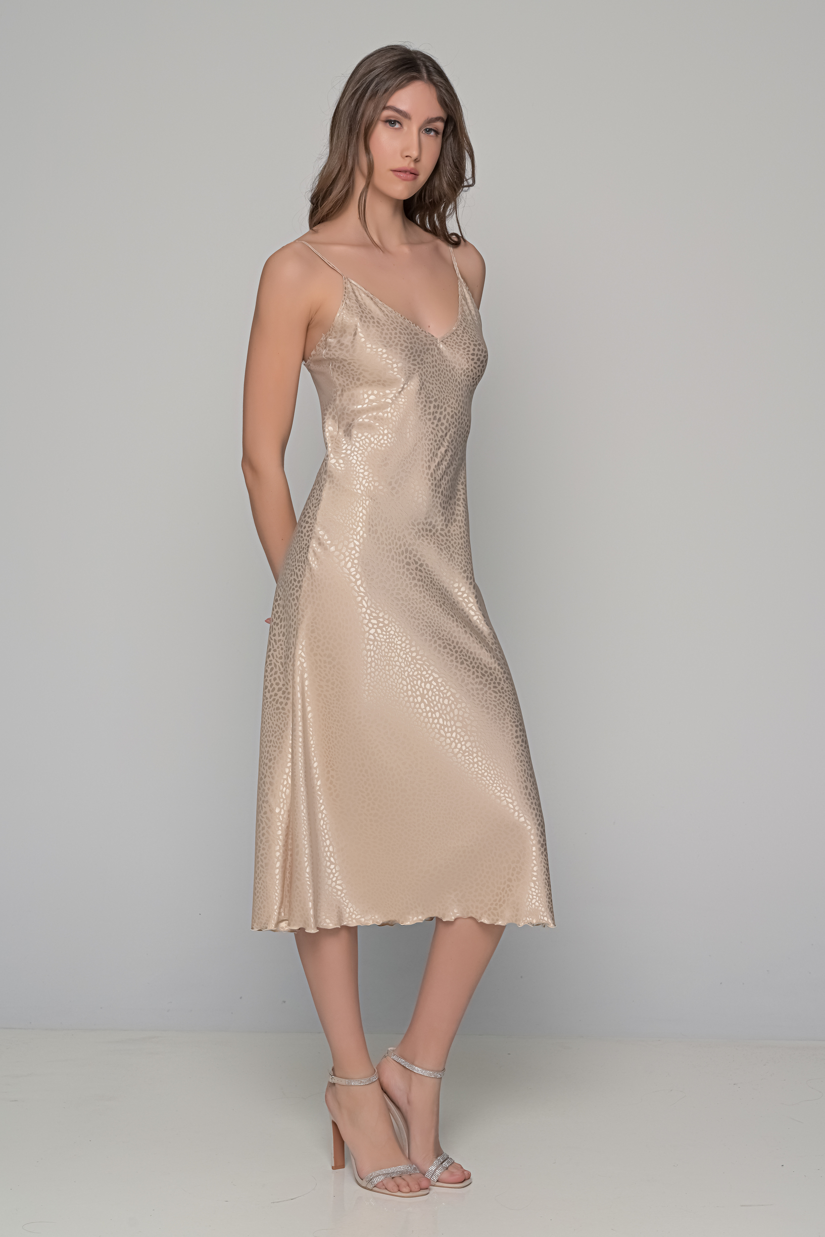 Midi Σατέν Slip Dress ΔΩΡΟ το String   Μπεζ Milena By Paris 003434-Μπεζ