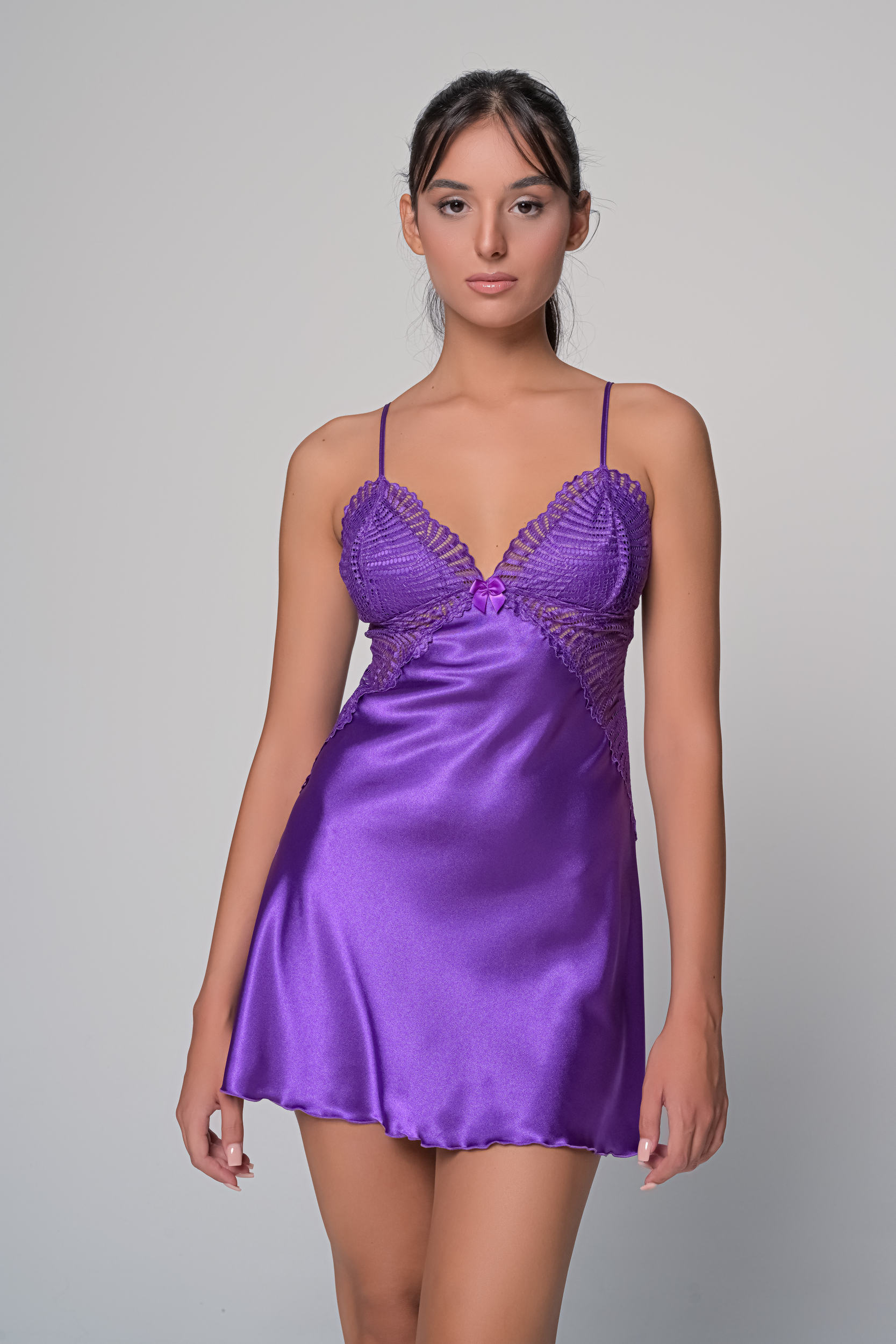 Σατέν Νυχτικό με Δαντέλα Σετ με String   Μωβ Milena By Paris 003445-Μωβ