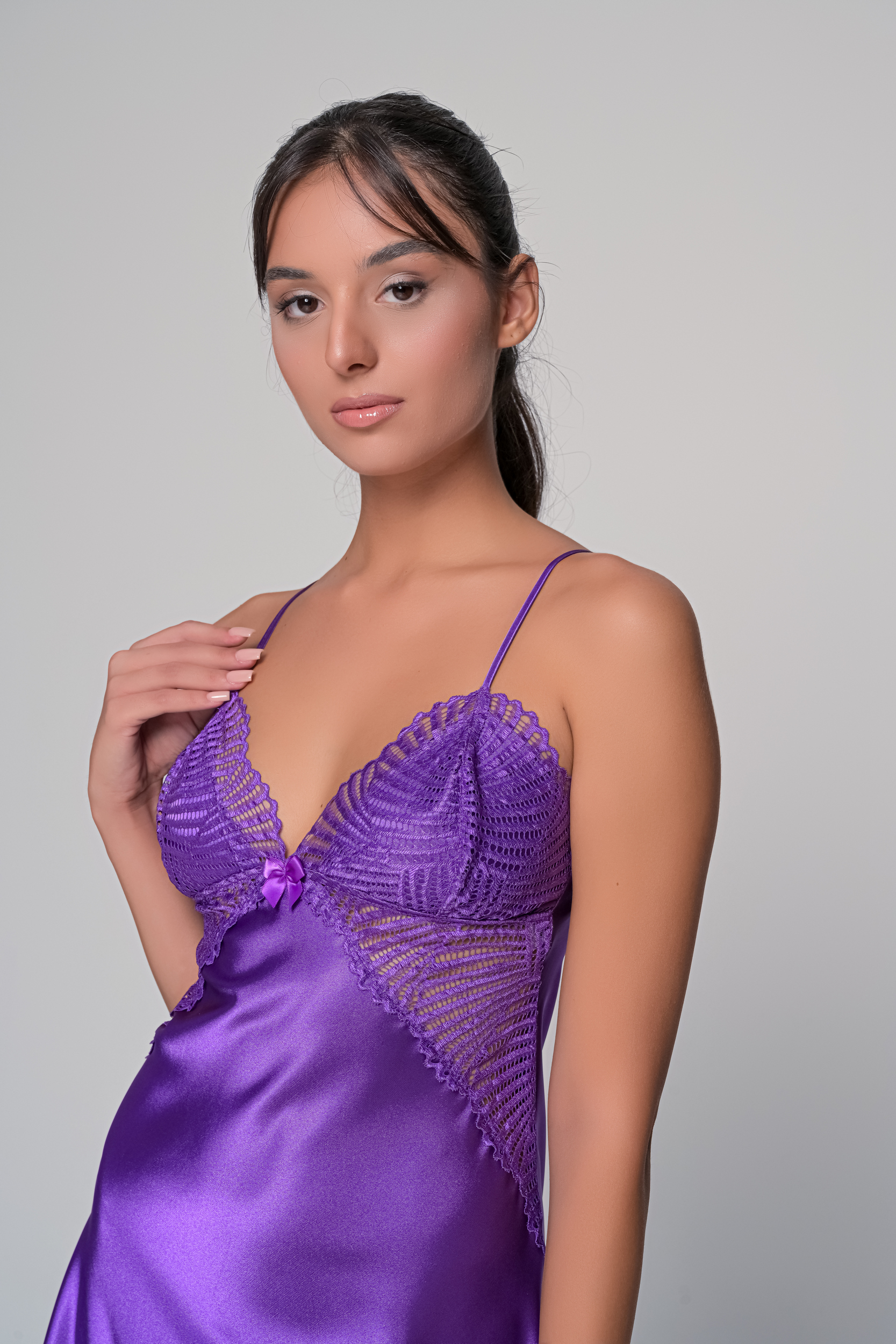Σατέν Νυχτικό με Δαντέλα Σετ με String   Μωβ Milena By Paris 003445-Μωβ