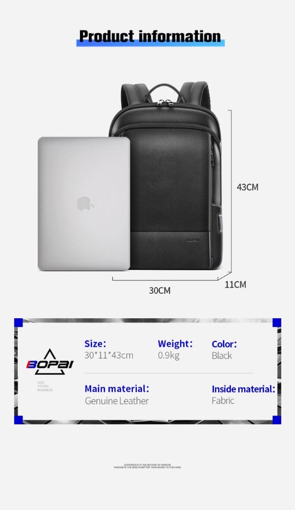 Δερμάτινο Σακίδιο πλάτης Αντικλεπτικό 21L Laptop 15,6” Bopai 61-52711 μαύρο