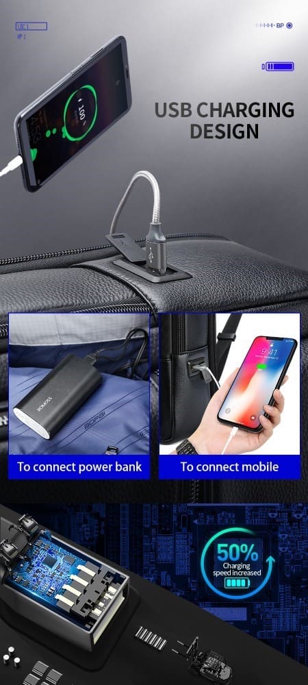 Δερμάτινο Σακίδιο πλάτης Αντικλεπτικό 24L Laptop 15,6” Bopai 61-70111 μαύρο