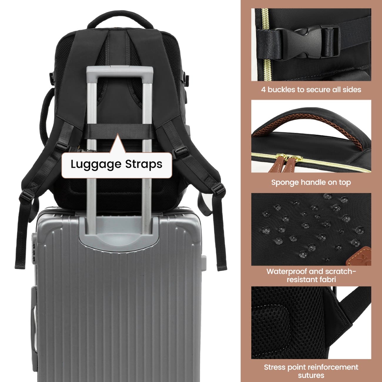 Σακίδιο Πλάτης Καμπίνας 40L με USB, Θήκες Οργάνωσης MB2213 black/beige/Brown