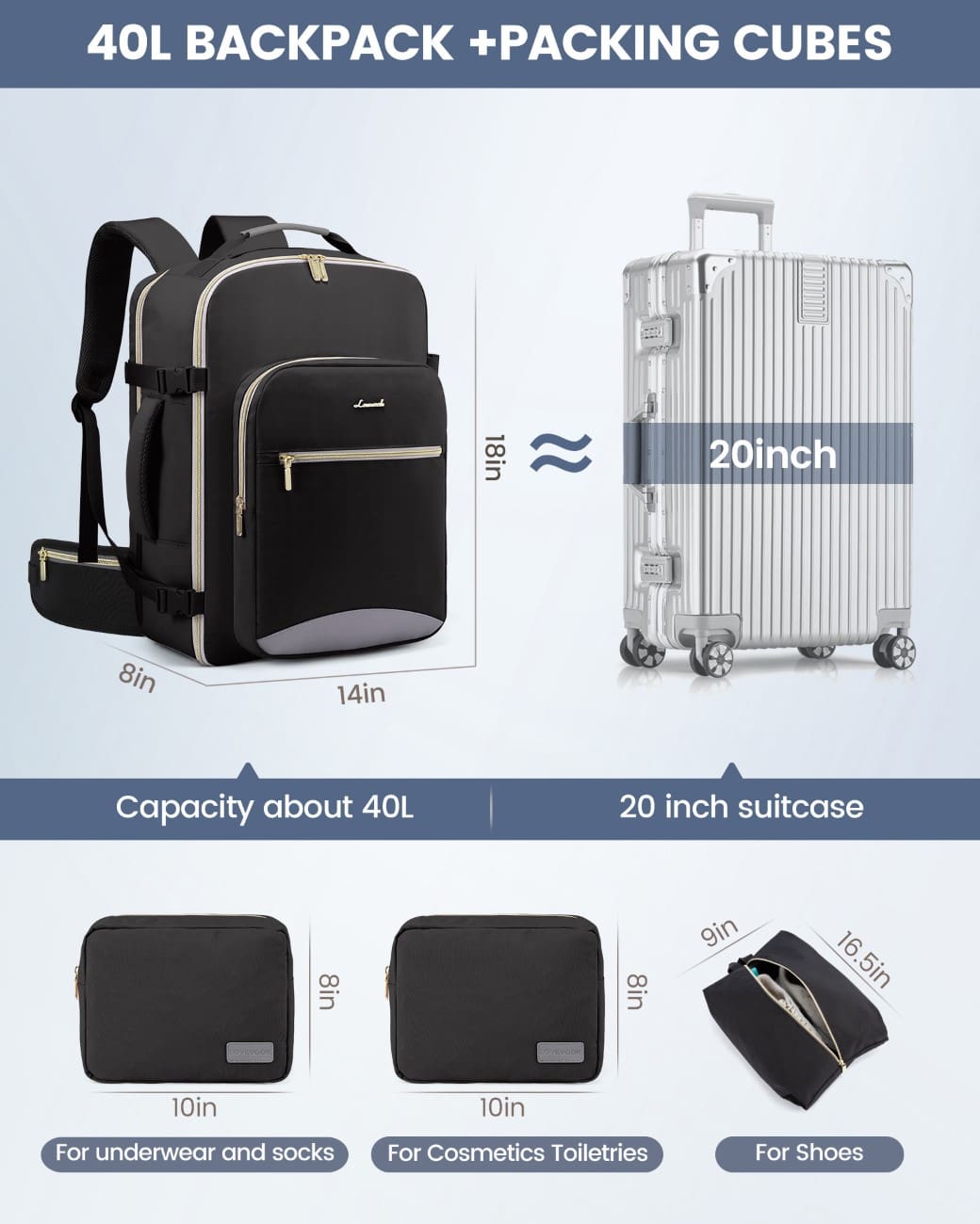 Σακίδιο ταξιδιού για γυναίκες 40L Carry on 17,3" WB2029 black/gray