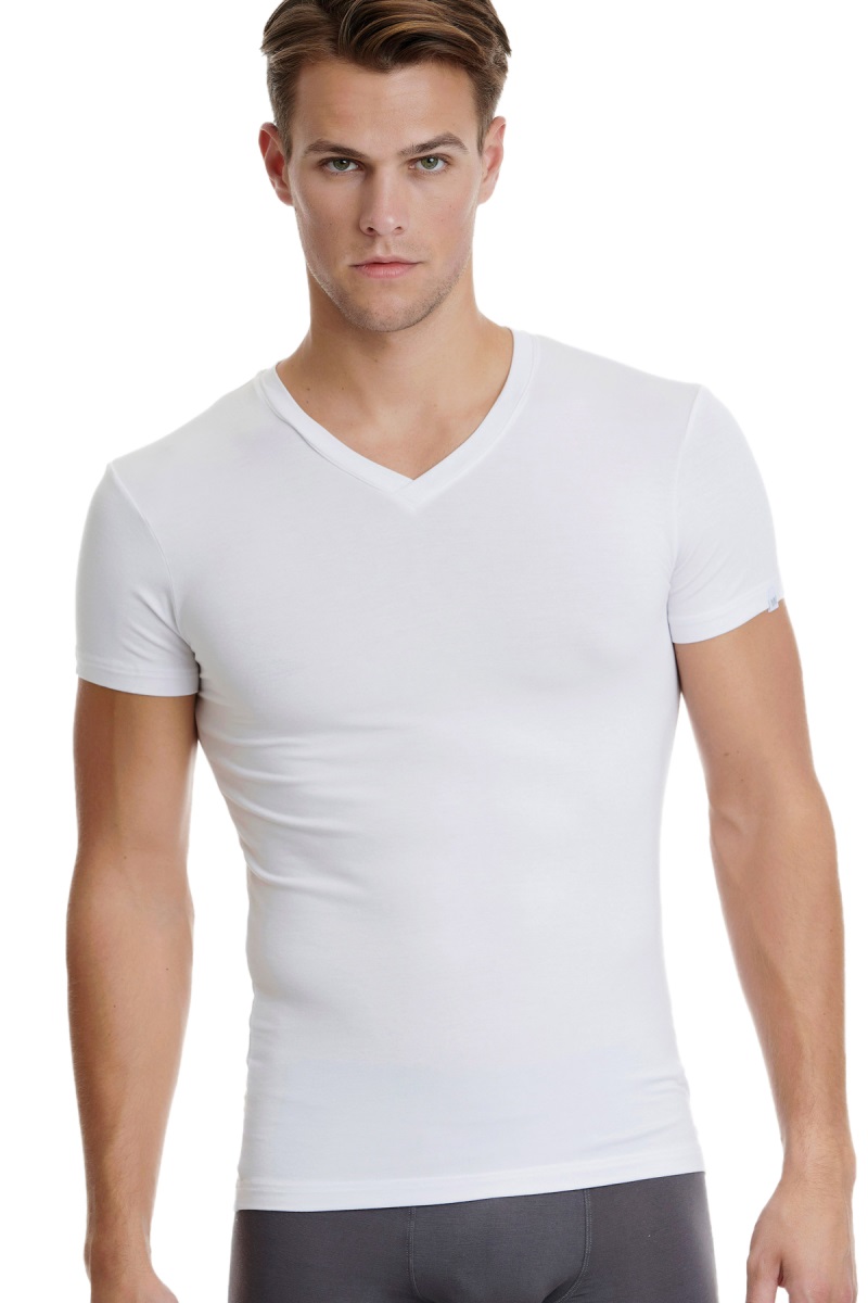 Ανδρική Φανέλα Μπλούζα T-SHIRT BAMBOO Κοντό Μανίκι Λαιμόκοψη V Walk W1991-01 Λευκό 